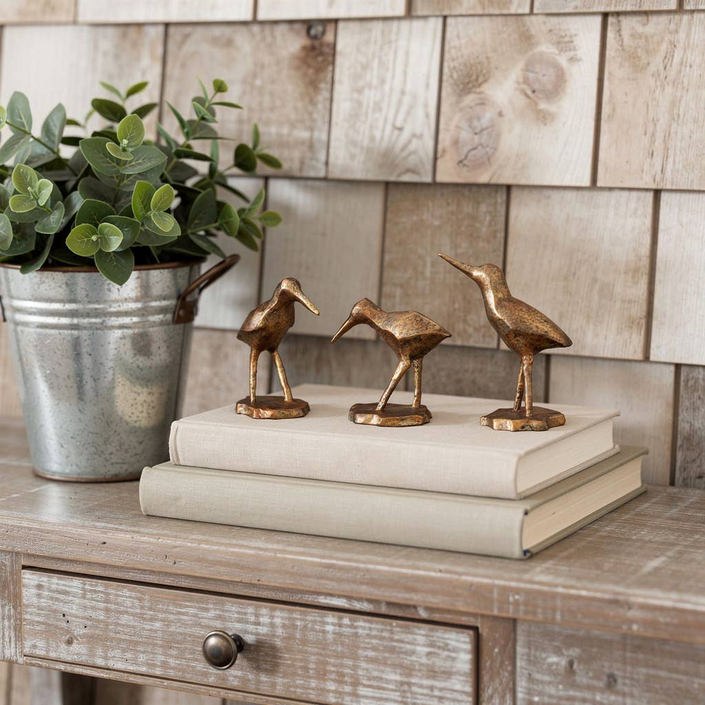 Set of Three Brown And Gold Polyresin Sandpiper Bird Figurines