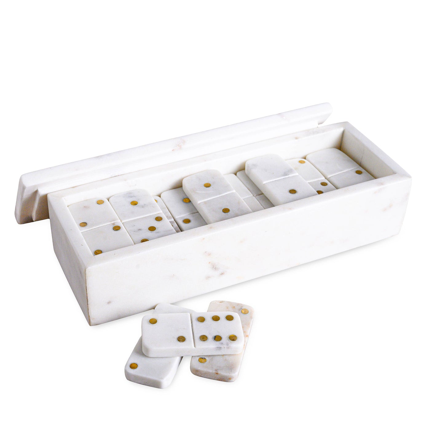 White Marble Dominoes Set W/Brass Dots Inlay: MARBLE & BRASS / White