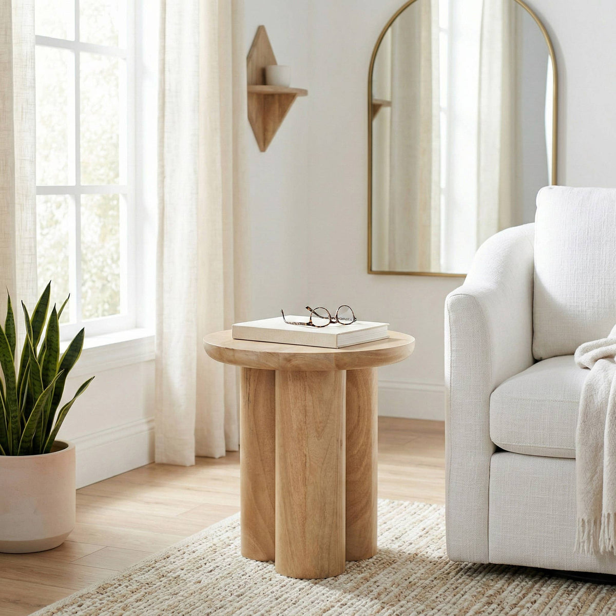 Wood Round Side Table with Sculptural Base - Brown, 18 in.