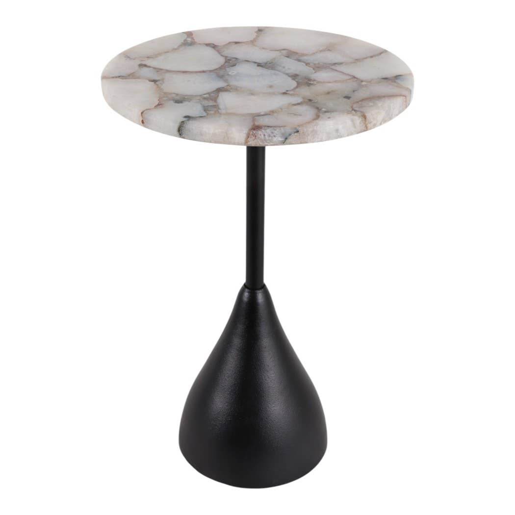Side Table - White Agate Top with Black Aluminum Base, 22 in