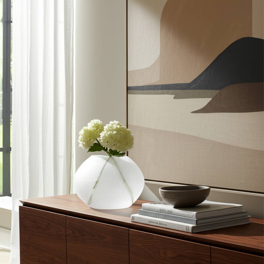 Decorative Vase - White Glass Round Textured Modern, 8 in.