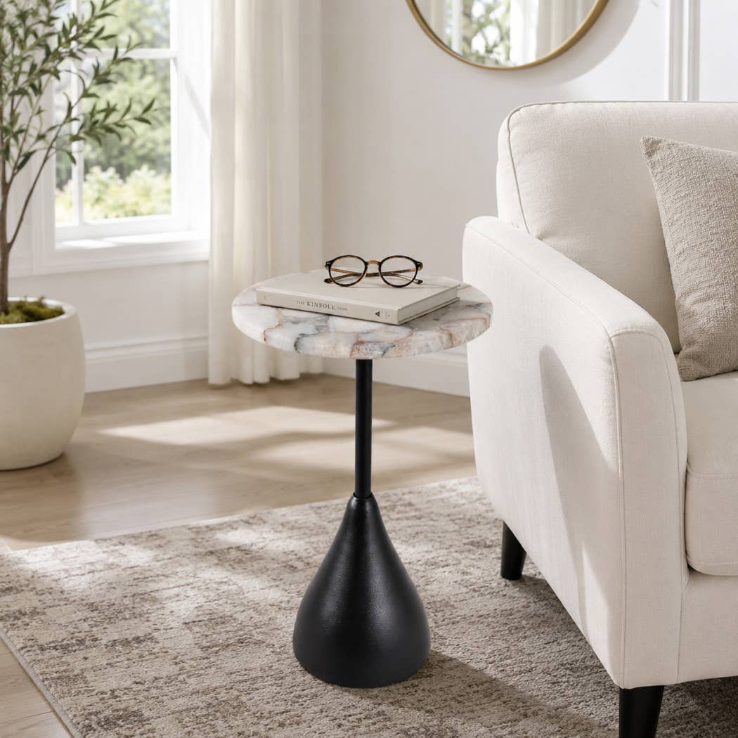 Side Table - White Agate Top with Black Aluminum Base, 22 in