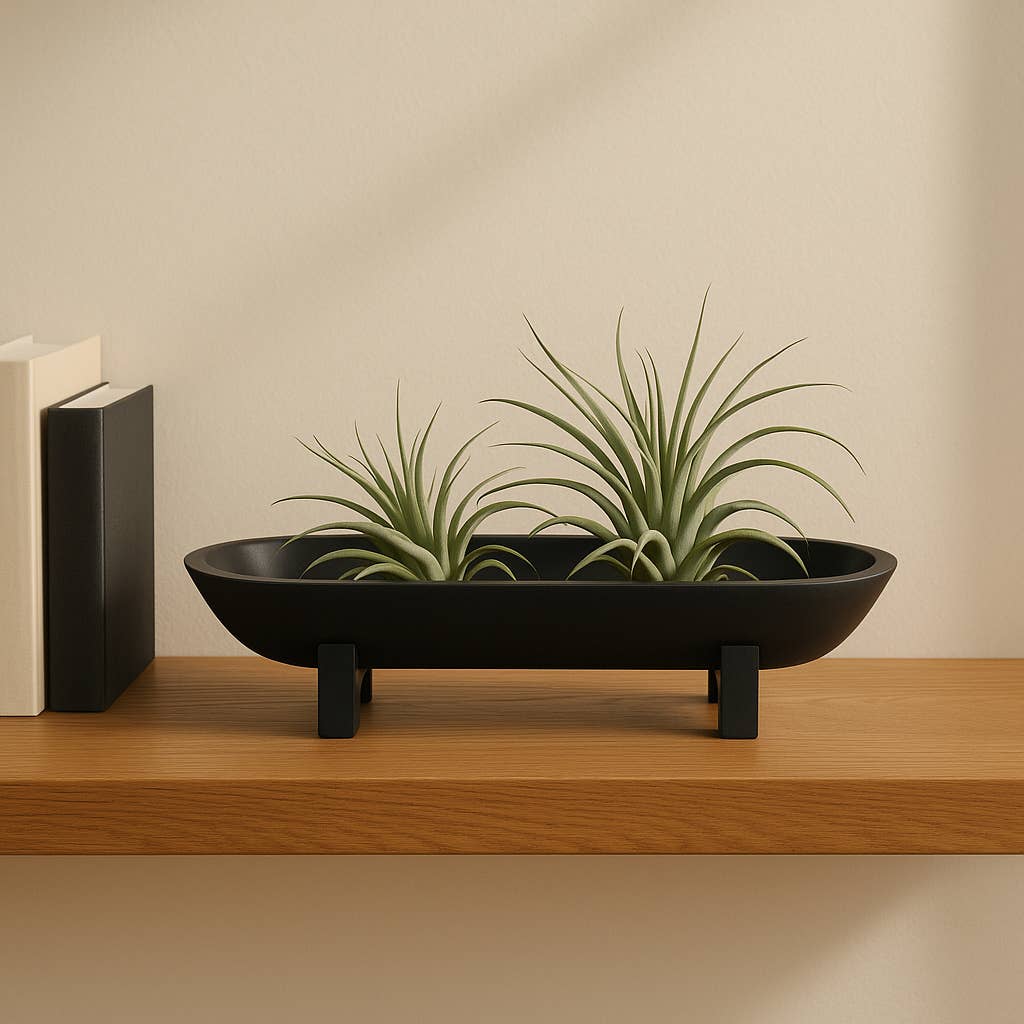 Decorative Bowl - Black Wood Footed Oval Design, 16 in.