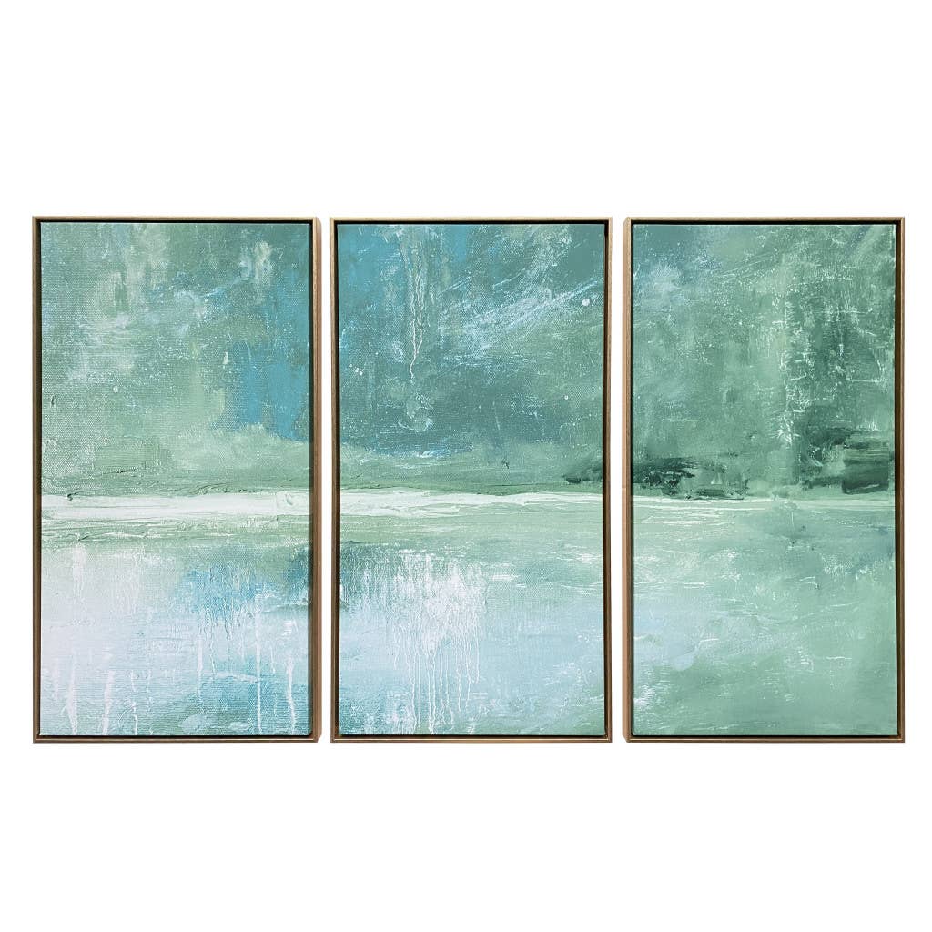 Set Of 3 Blue Green Abstract Water with Gold Floater WallArt