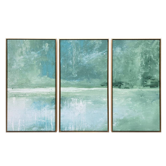 Set Of 3 Blue Green Abstract Water with Gold Floater WallArt