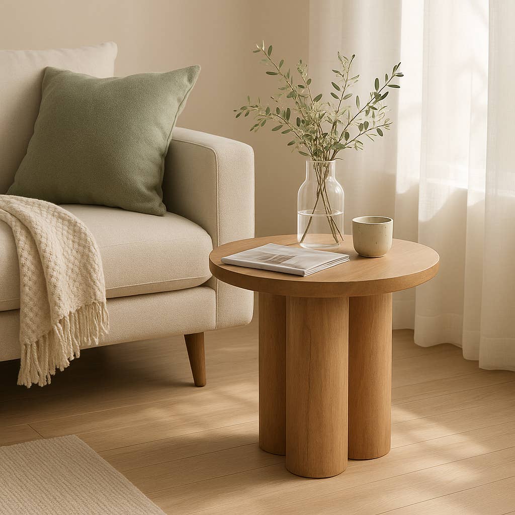 Wood Round Side Table with Sculptural Base - Brown, 18 in.