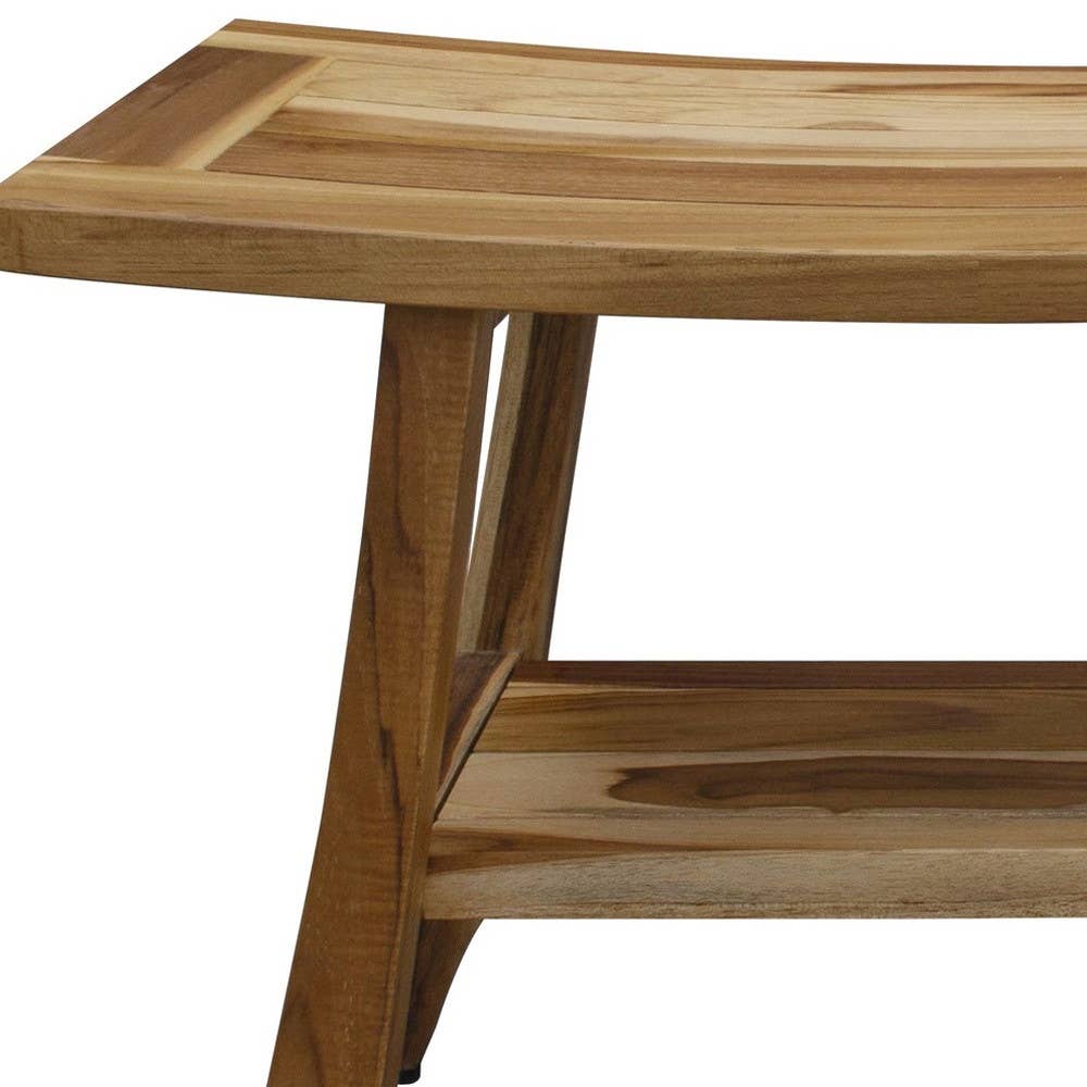 28" Natural Solid Teak Rectangular Shower Bench With Shelf