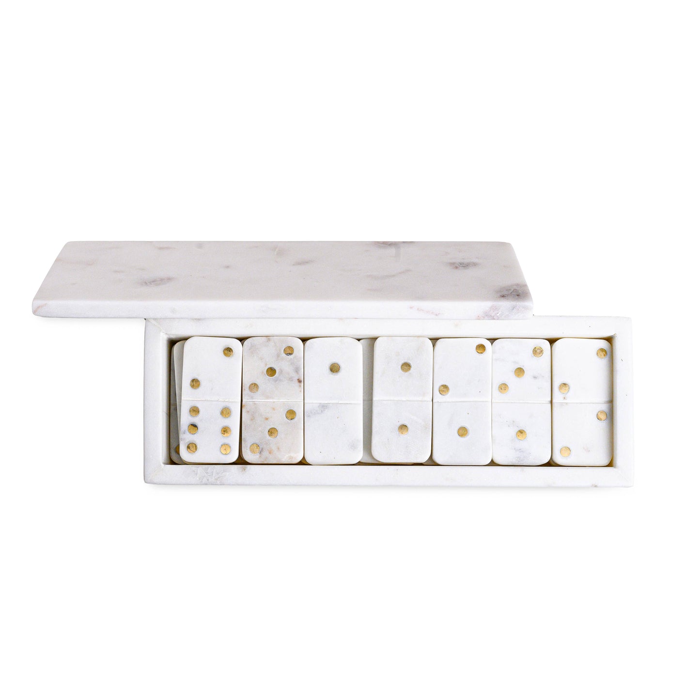 White Marble Dominoes Set W/Brass Dots Inlay: MARBLE & BRASS / White