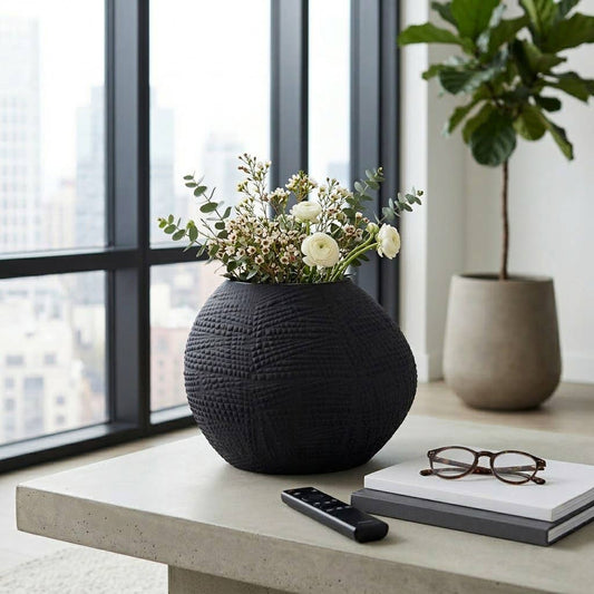Decorative Vase - Black Glass Round Textured Modern, 8 in.