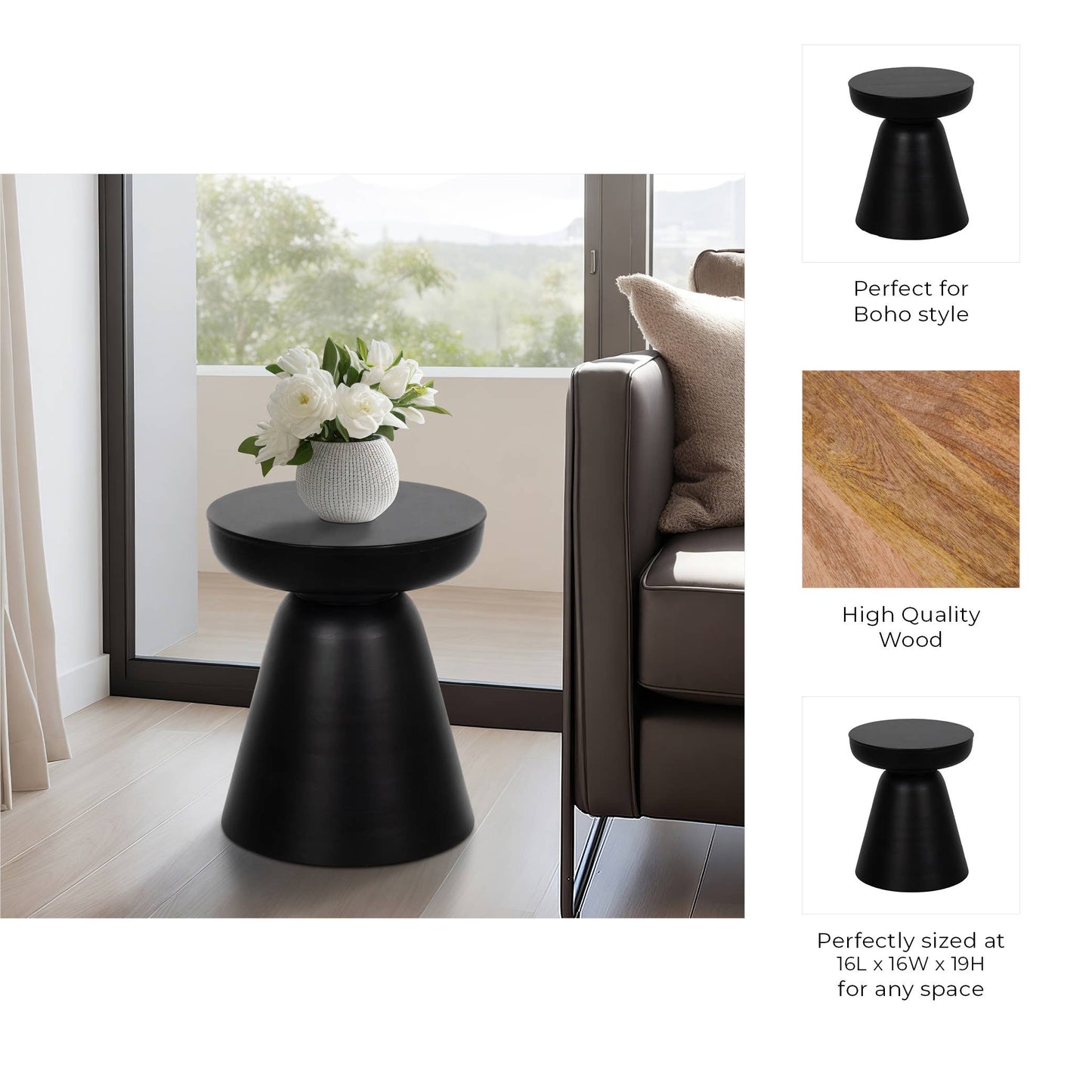 Side Table - Black Wood Round Drum Pedestal Base, 19 in.