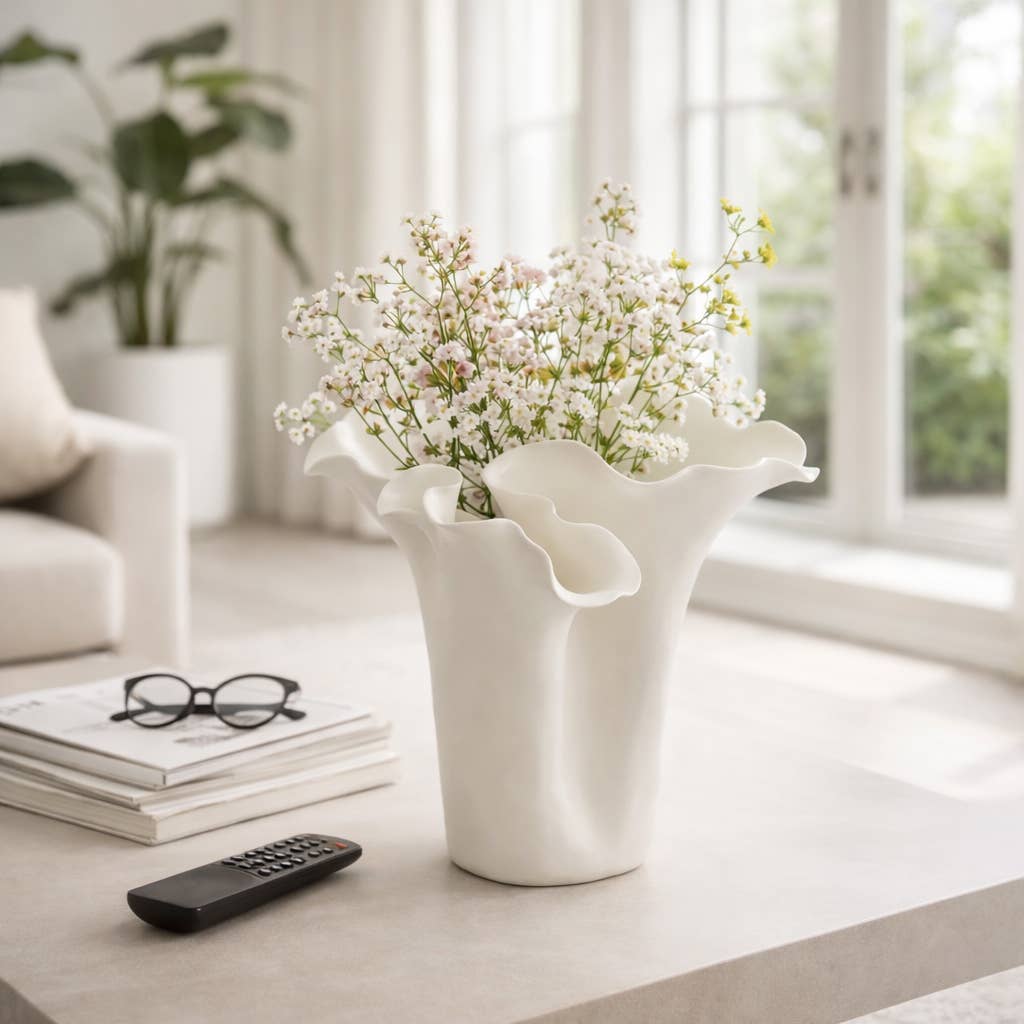 White 11x12 in. Ceramic Novelty Solid Handmade Flutter Vase