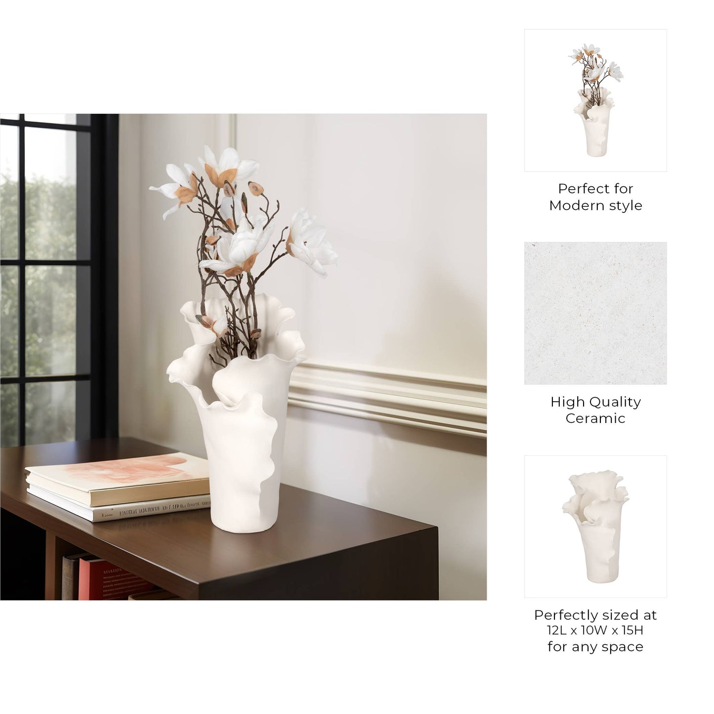 White 15x11 in. Ceramic Novelty Solid Handmade Flutter Vase
