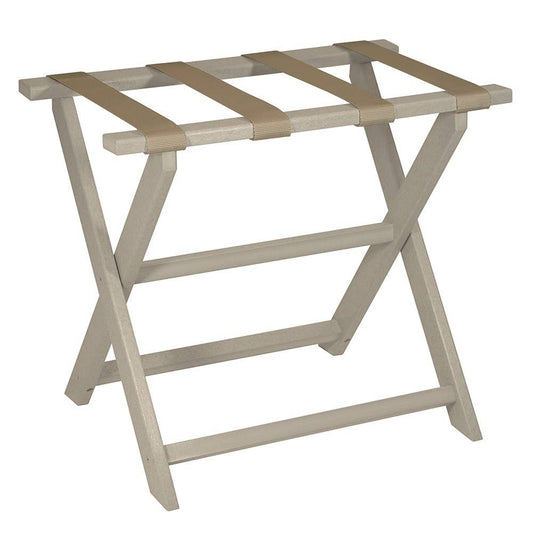 Eco Friendly Taupe Folding Luggage Rack with Dark Tan Straps