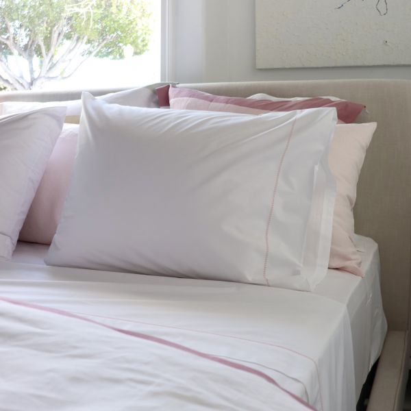 Huddleson White 500TC Cotton Percale Duvet Cover with Pink Hemstitch Queen