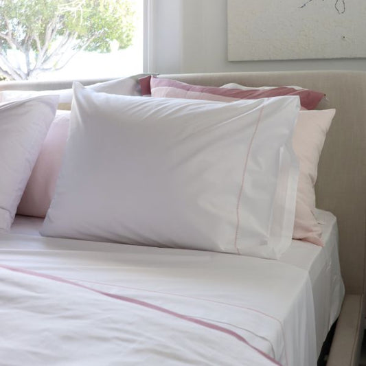 Huddleson White 500TC Cotton Percale Duvet Cover with Pink Hemstitch Queen
